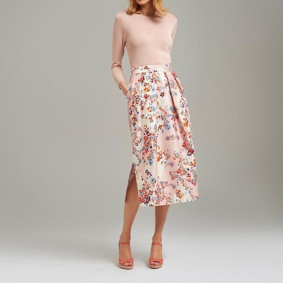 LK BENNETT Tiara Floral Diamond Skirt Silk Cotton Blend Size 4 Midi